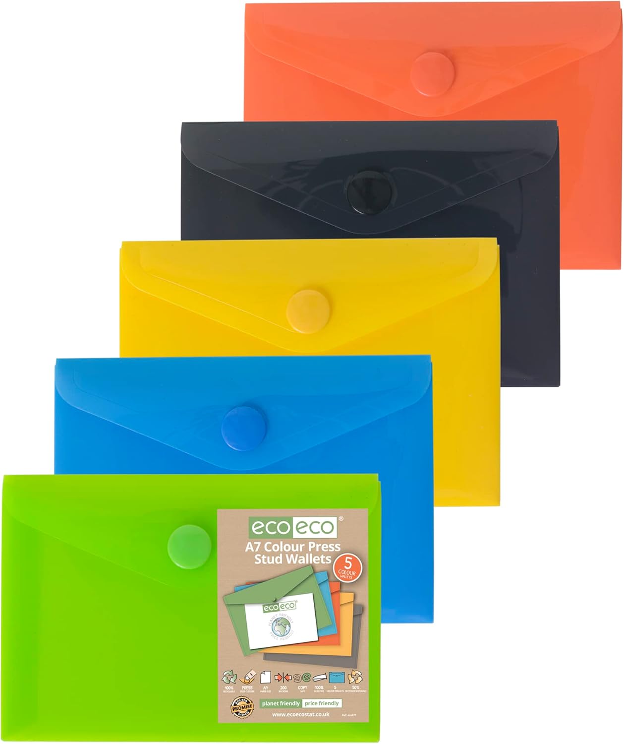 eco eco a7 50% recycled assorted colours press stud popper wallet, plastic folders (pack of 10), green, black, blue, yellow, orange, eco077x2 eco eco a7 50% recycled assorted colours press stud popper wallet, plastic folders (pack of 10), green, black, blue, yellow, orange, eco077x2