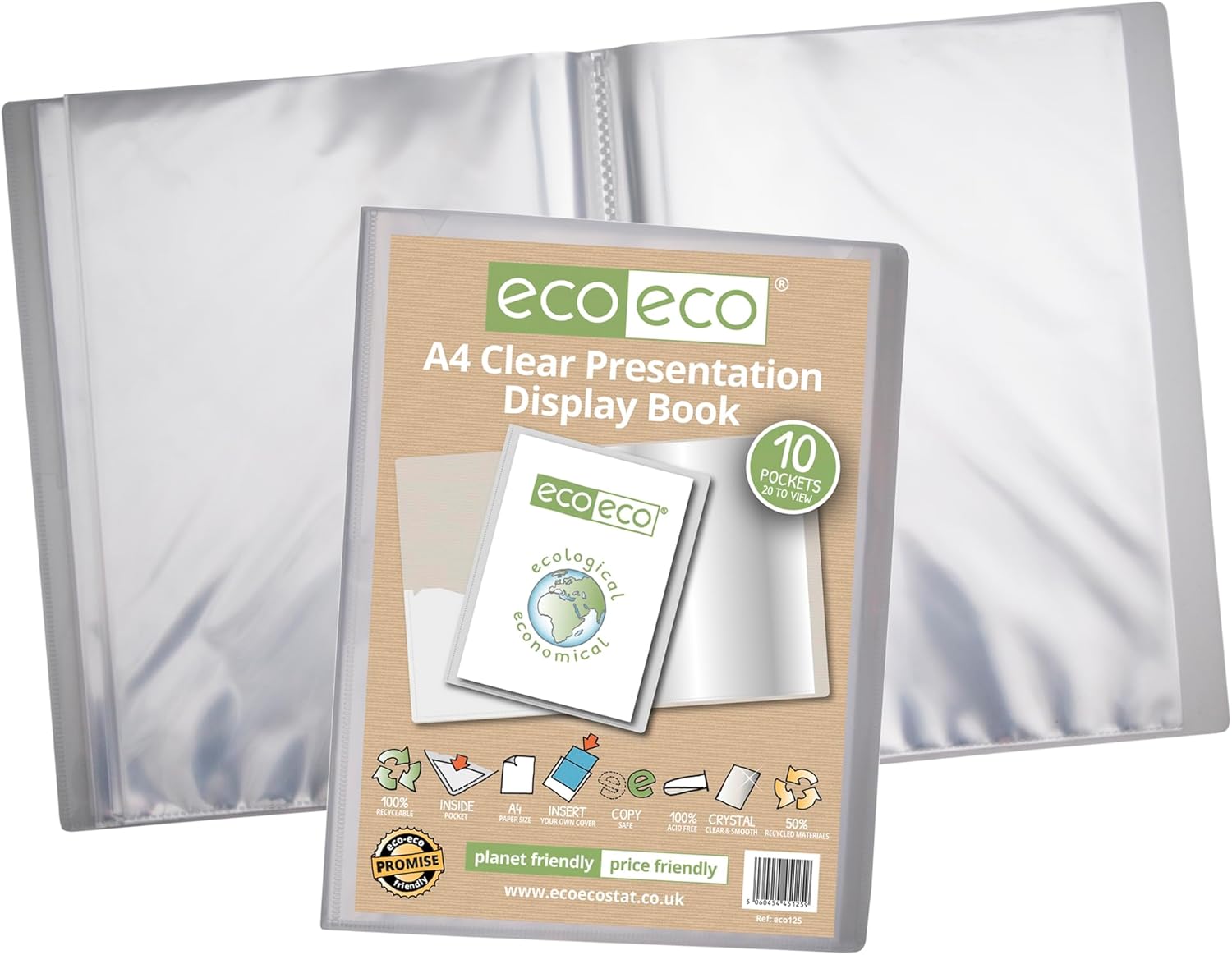 eco eco a4 size 50 percent recycled 10 pocket clear presentation display book, storage case portfolio art folder with plastic sleeves, pack of 2, eco125x2 eco eco a4 size 50 percent recycled 10 pocket clear presentation display book, storage case portfolio art folder with plastic sleeves, pack of 2, eco125x2