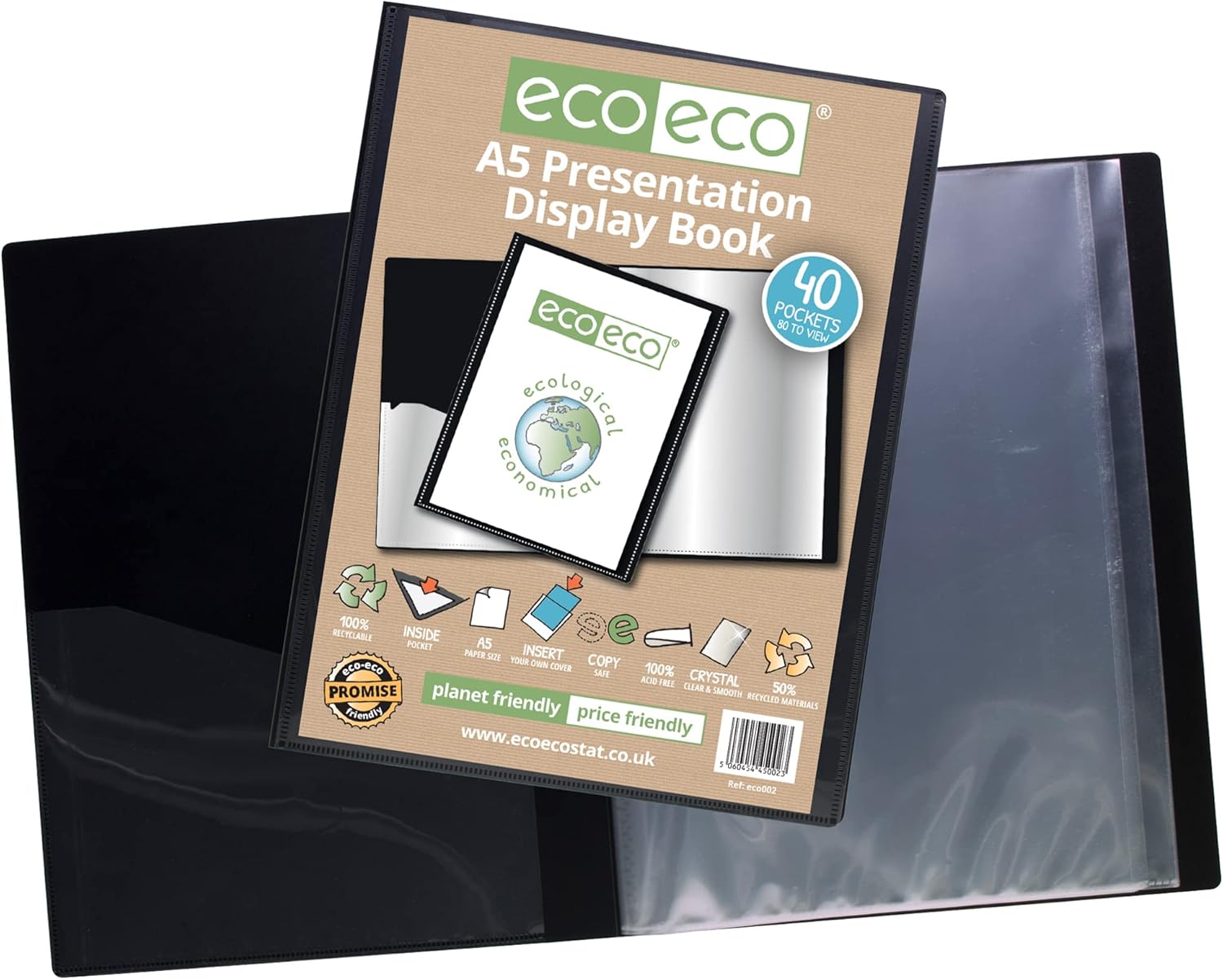 eco eco a5 size 50% recycled 40 pocket black presentation display book, storage case portfolio art folder with plastic sleeves, eco002x2, (pack of 2 books) eco eco a5 size 50% recycled 40 pocket black presentation display book, storage case portfolio art folder with plastic sleeves, eco002x2, (pack of 2 books)