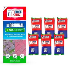 block blitz block paving eco cleaner. removes and prevents algae, moss, and black spot. deters weed growth for up to 6 months. 6 x pouches. treats 30 sq/m.