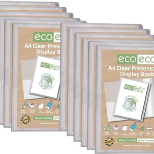 eco eco a4 size 50% recycled 20 pocket clear presentation display book, storage case portfolio art folder with plastic sleeves, (pack of 12) eco110x12