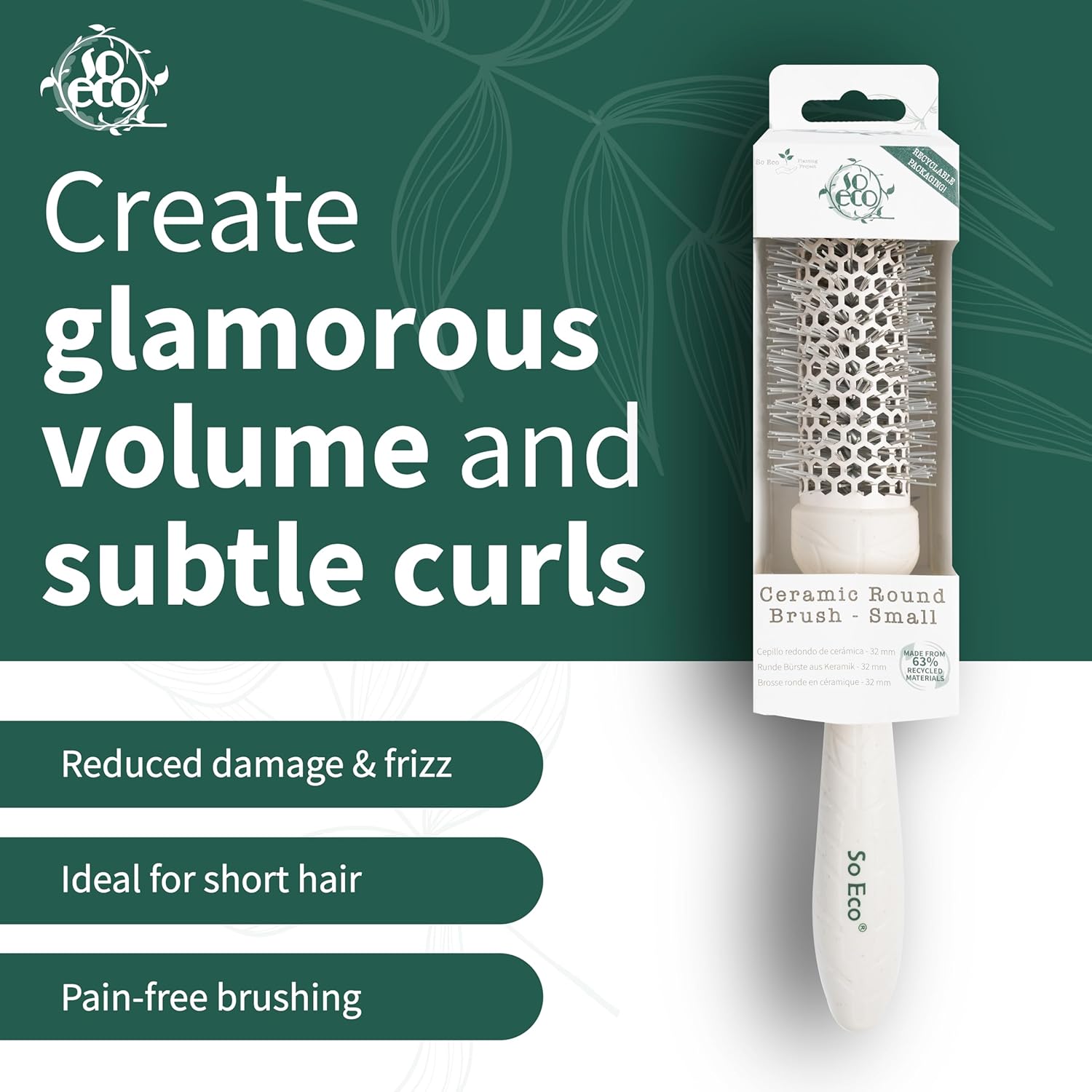 so eco small 32 mm thermo ceramic round brush hair styling, volumising & curling brush for short to medium hair. sustainable bioplastic handle & pins made from recycled plastics so eco small 32 mm thermo ceramic round brush hair styling, volumising & curling brush for short to medium hair. sustainable bioplastic handle & pins made from recycled plastics