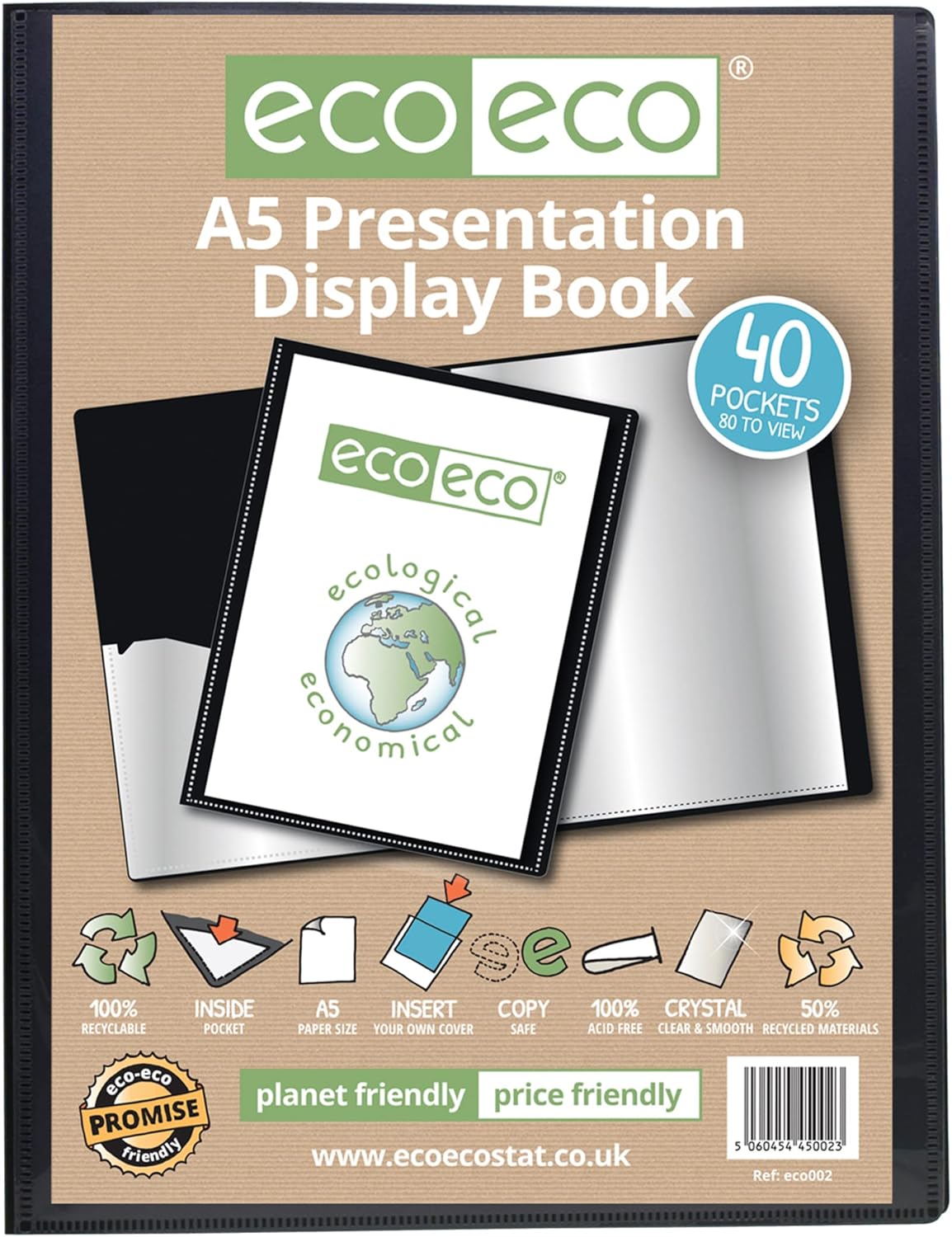 eco eco a5 size 50% recycled 40 pocket black presentation display book, storage case portfolio art folder with plastic sleeves, eco002x2, (pack of 2 books) eco eco a5 size 50% recycled 40 pocket black presentation display book, storage case portfolio art folder with plastic sleeves, eco002x2, (pack of 2 books)