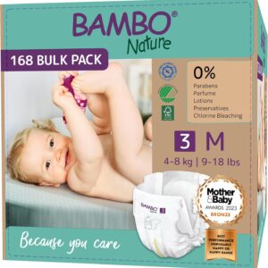 bambo nature premium eco nappies, size 3 (9 18lb/4 8kg), midi, 168pk, eco labelled, enhanced leakage protection, secure & comfortable baby nappy