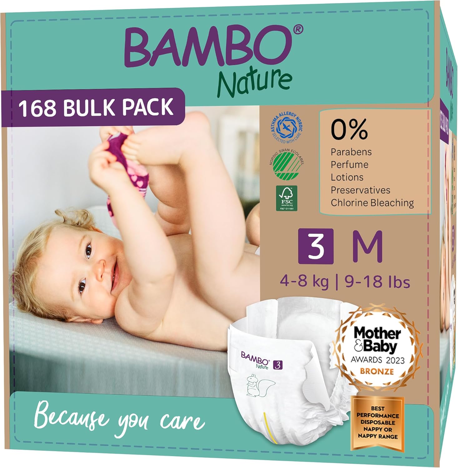 bambo nature premium eco nappies, size 3 (9 18lb/4 8kg), midi, 168pk, eco labelled, enhanced leakage protection, secure & comfortable baby nappy bambo nature premium eco nappies, size 3 (9 18lb/4 8kg), midi, 168pk, eco labelled, enhanced leakage protection, secure & comfortable baby nappy
