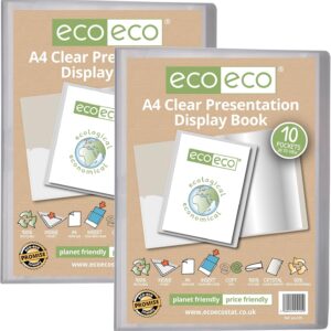 eco eco a4 size 50 percent recycled 10 pocket clear presentation display book, storage case portfolio art folder with plastic sleeves, pack of 2, eco125x2