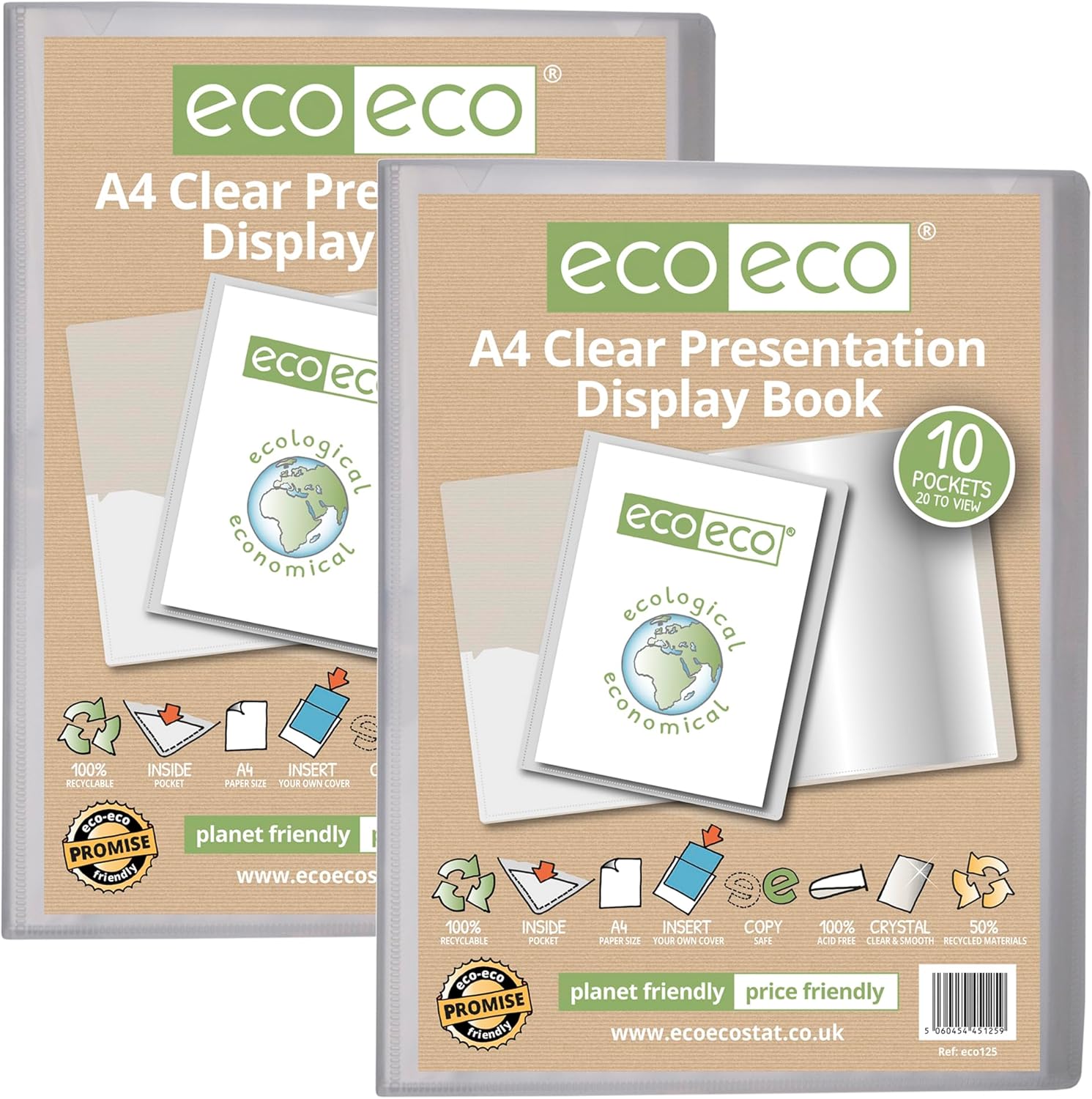 eco eco a4 size 50 percent recycled 10 pocket clear presentation display book, storage case portfolio art folder with plastic sleeves, pack of 2, eco125x2 eco eco a4 size 50 percent recycled 10 pocket clear presentation display book, storage case portfolio art folder with plastic sleeves, pack of 2, eco125x2