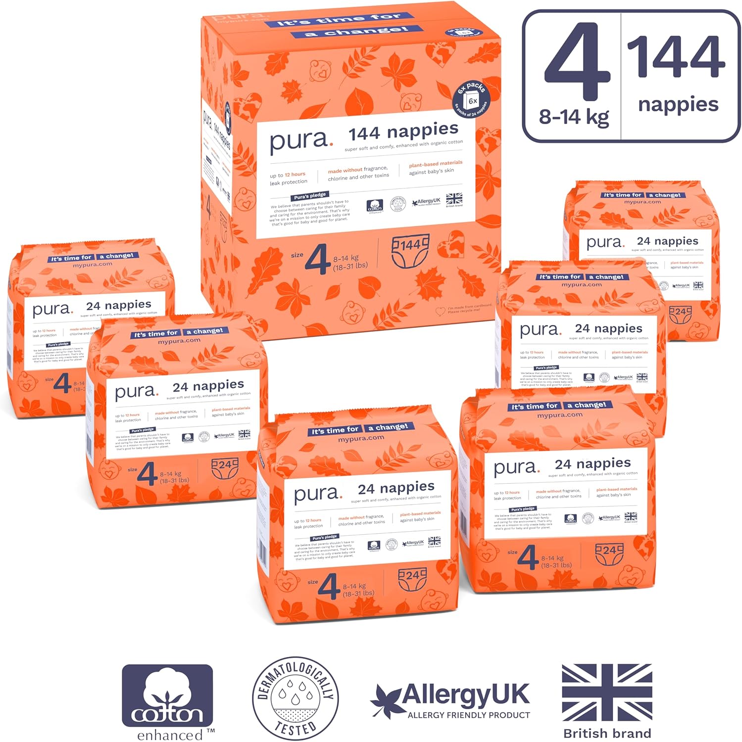 pura eco baby nappies size 4 (8 14kg / 18 31 lbs), 6 x 24 nappies (144 total), monthly pack, ultra soft nappies for sensitive skin, organic cotton, up to 12hrs leak protection, new size guide pura eco baby nappies size 4 (8 14kg / 18 31 lbs), 6 x 24 nappies (144 total), monthly pack, ultra soft nappies for sensitive skin, organic cotton, up to 12hrs leak protection, new size guide