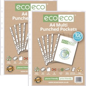 eco eco a4 100% recycled multi punched pockets glass clear, transparent poly wallet sheet protector, 45 microns, 2 packs of 100 wallets, eco010x2