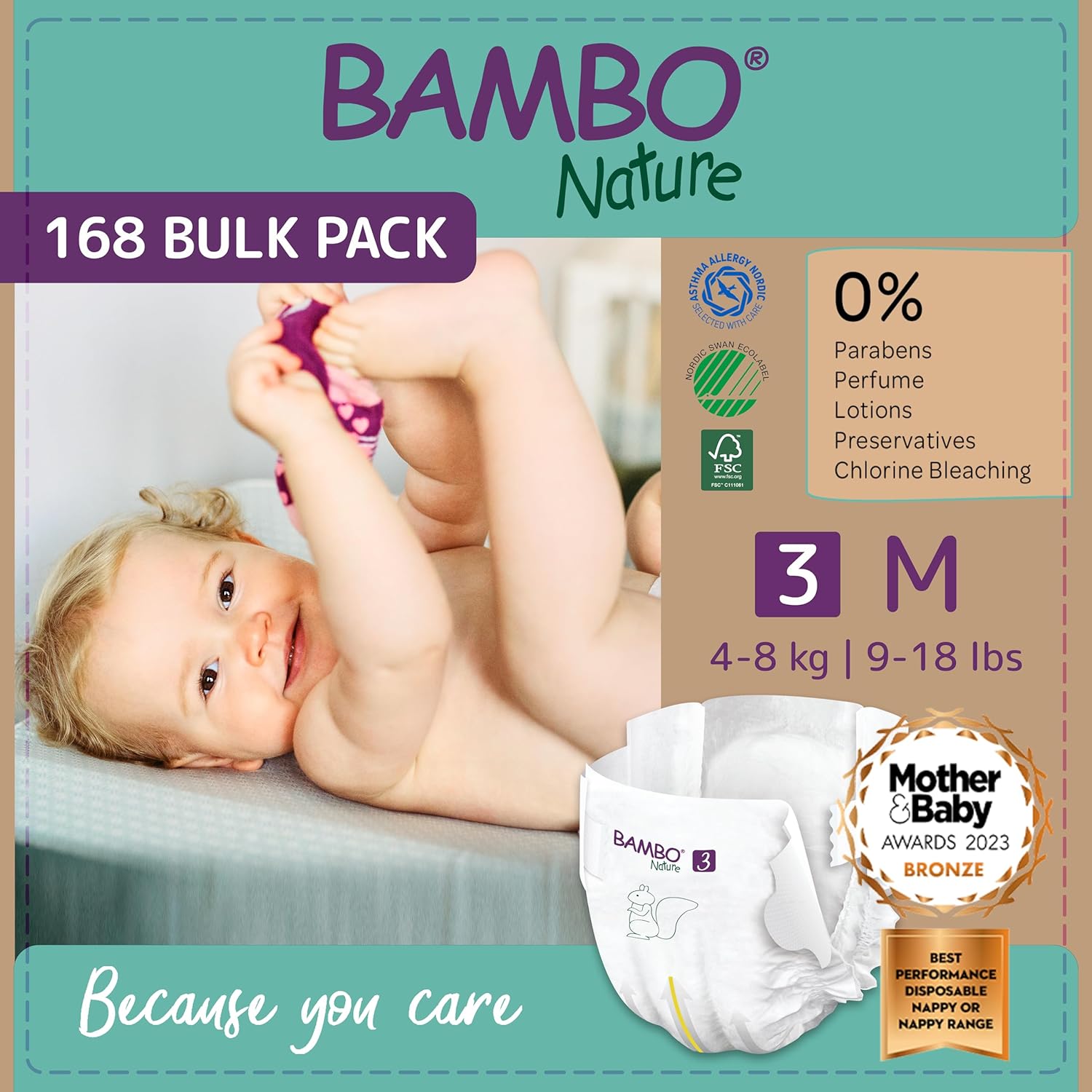 bambo nature premium eco nappies, size 3 (9 18lb/4 8kg), midi, 168pk, eco labelled, enhanced leakage protection, secure & comfortable baby nappy bambo nature premium eco nappies, size 3 (9 18lb/4 8kg), midi, 168pk, eco labelled, enhanced leakage protection, secure & comfortable baby nappy