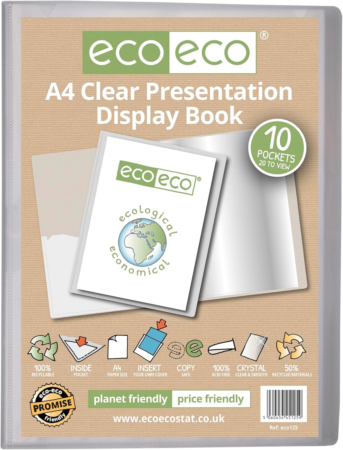eco eco a4 size 50 percent recycled 10 pocket clear presentation display book, storage case portfolio art folder with plastic sleeves, pack of 2, eco125x2 eco eco a4 size 50 percent recycled 10 pocket clear presentation display book, storage case portfolio art folder with plastic sleeves, pack of 2, eco125x2