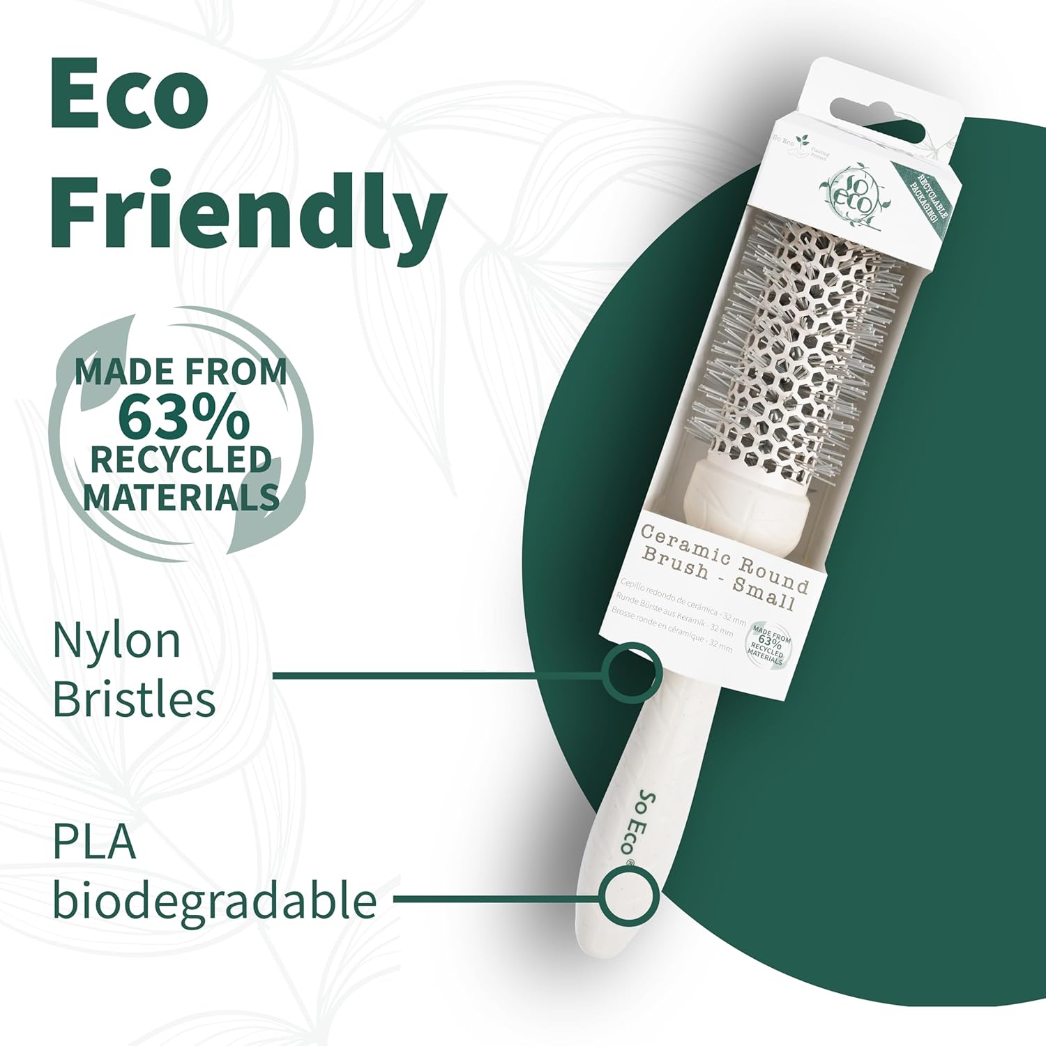 so eco small 32 mm thermo ceramic round brush hair styling, volumising & curling brush for short to medium hair. sustainable bioplastic handle & pins made from recycled plastics so eco small 32 mm thermo ceramic round brush hair styling, volumising & curling brush for short to medium hair. sustainable bioplastic handle & pins made from recycled plastics