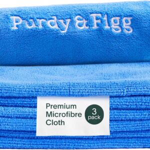 purdy & figg | microfiber cleaning cloth| super soft, streak free multipurpose polishing cloth| lint free, scratch resistant, super absorbent & reusable | home & kitchen | pack of 3 | blue
