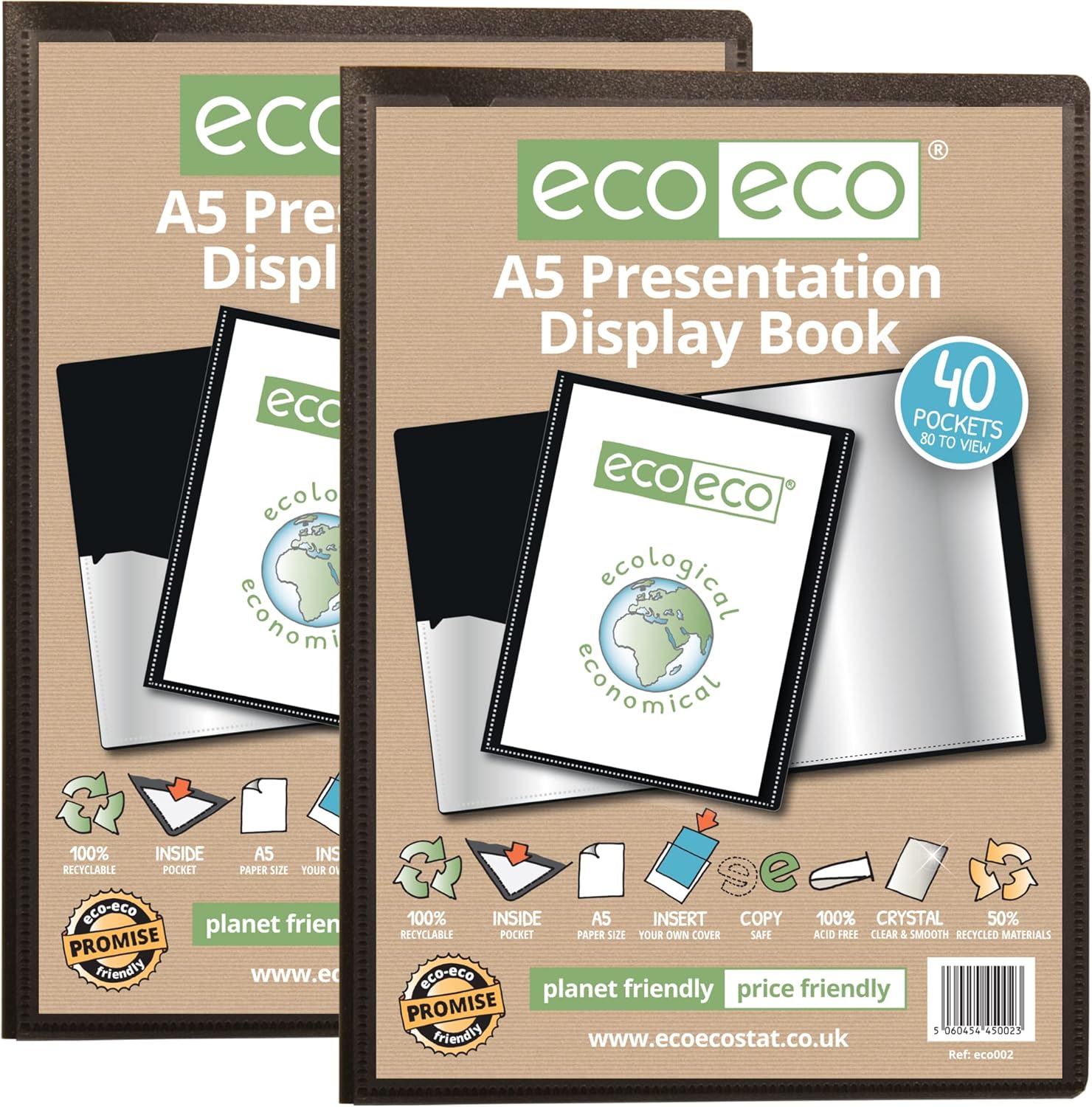 eco eco a5 size 50% recycled 40 pocket black presentation display book, storage case portfolio art folder with plastic sleeves, eco002x2, (pack of 2 books) eco eco a5 size 50% recycled 40 pocket black presentation display book, storage case portfolio art folder with plastic sleeves, eco002x2, (pack of 2 books)
