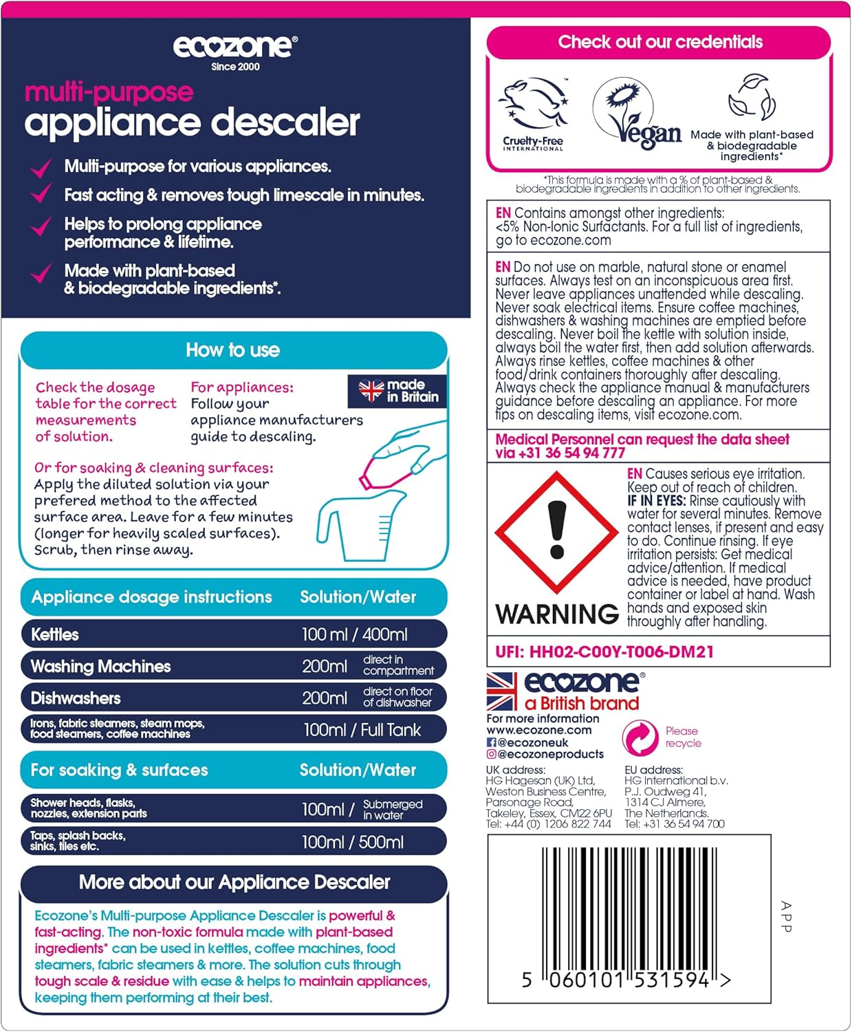 ecozone multi purpose appliance descaler, internal cleaner for kettles, irons, washing machines, coffee makers, dishwashers, fixtures & surfaces, natural vegan & non toxic eco friendly liquid (500ml) ecozone multi purpose appliance descaler, internal cleaner for kettles, irons, washing machines, coffee makers, dishwashers, fixtures & surfaces, natural vegan & non toxic eco friendly liquid (500ml)